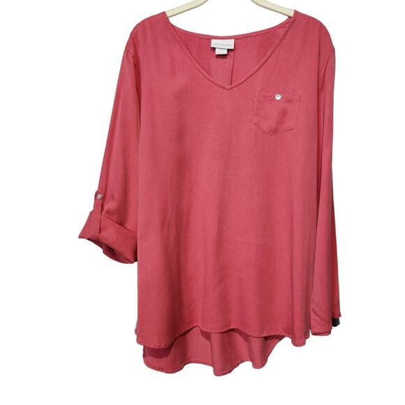 Soft Surroundings Women's Sz L Salmon Pink Tunic Roll Tab Flowy Lyocell V Neck - Picture 1 of 7